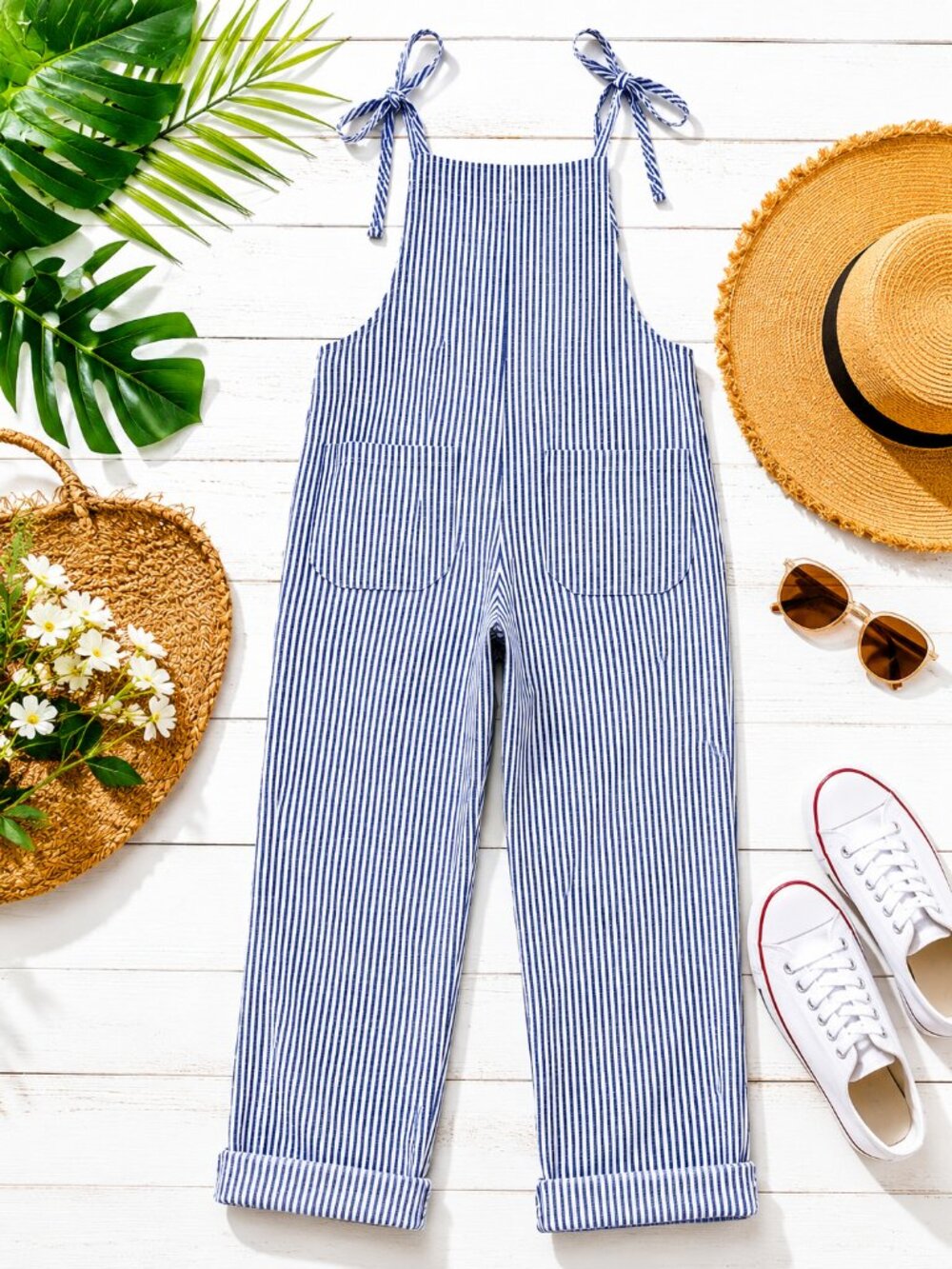 Striped Overalls Jumpsuit Large Navy White Adjustable Tie